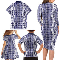 Hawaiian Ohia Lehua Lei Family Matching Long Sleeve Bodycon Dress and Hawaiian Shirt Plaid Palaka Uliuli hohonu Pattern - Polynesian Pride