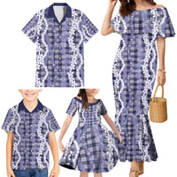 Hawaiian Ohia Lehua Lei Family Matching Mermaid Dress and Hawaiian Shirt Plaid Palaka Uliuli hohonu Pattern - Polynesian Pride