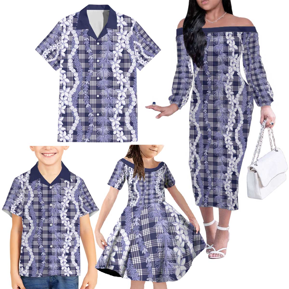 Hawaiian Ohia Lehua Lei Family Matching Off The Shoulder Long Sleeve Dress and Hawaiian Shirt Plaid Palaka Uliuli hohonu Pattern - Polynesian Pride
