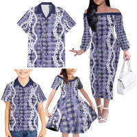 Hawaiian Ohia Lehua Lei Family Matching Off The Shoulder Long Sleeve Dress and Hawaiian Shirt Plaid Palaka Uliuli hohonu Pattern - Polynesian Pride