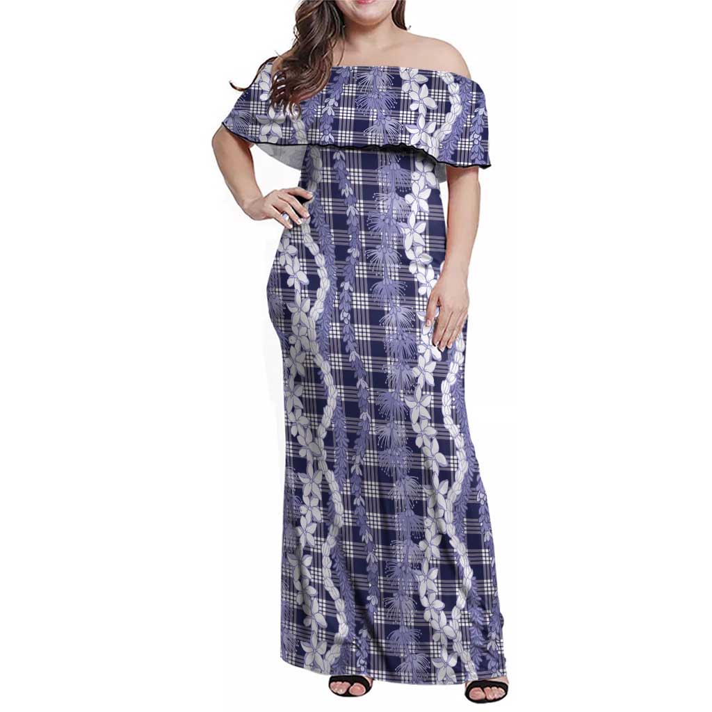 Hawaiian Ohia Lehua Lei Family Matching Off Shoulder Maxi Dress and Hawaiian Shirt Plaid Palaka Uliuli hohonu Pattern - Polynesian Pride