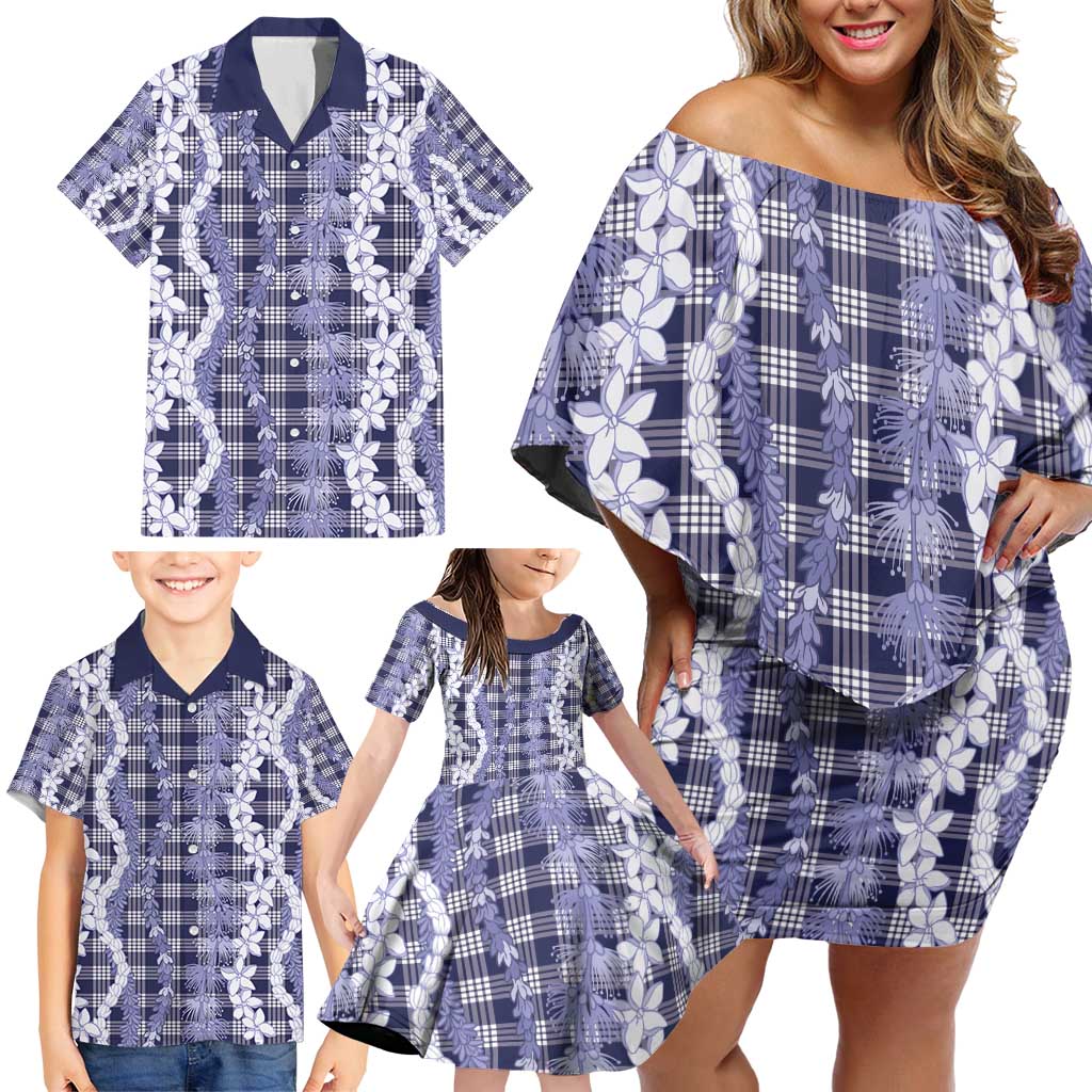 Hawaiian Ohia Lehua Lei Family Matching Off Shoulder Short Dress and Hawaiian Shirt Plaid Palaka Uliuli hohonu Pattern - Polynesian Pride