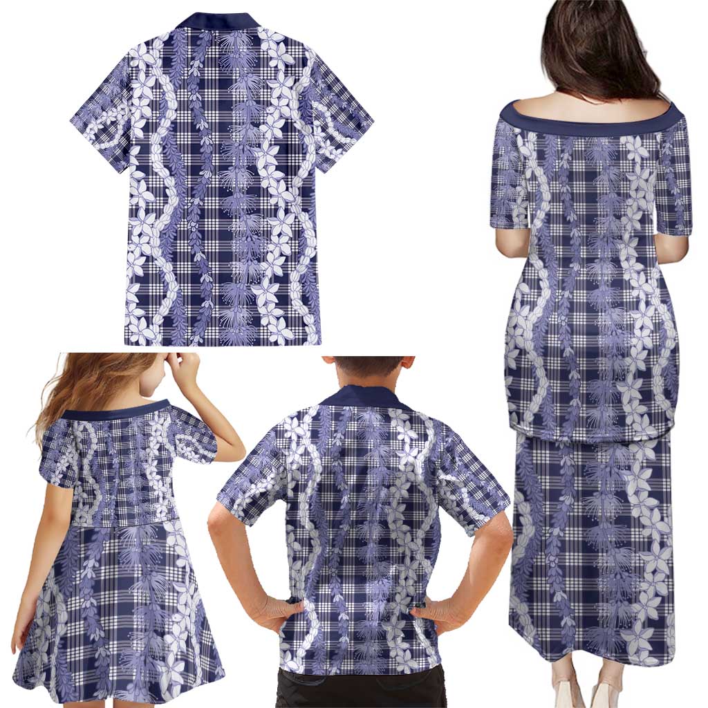 Hawaiian Ohia Lehua Lei Family Matching Puletasi and Hawaiian Shirt Plaid Palaka Uliuli hohonu Pattern - Polynesian Pride