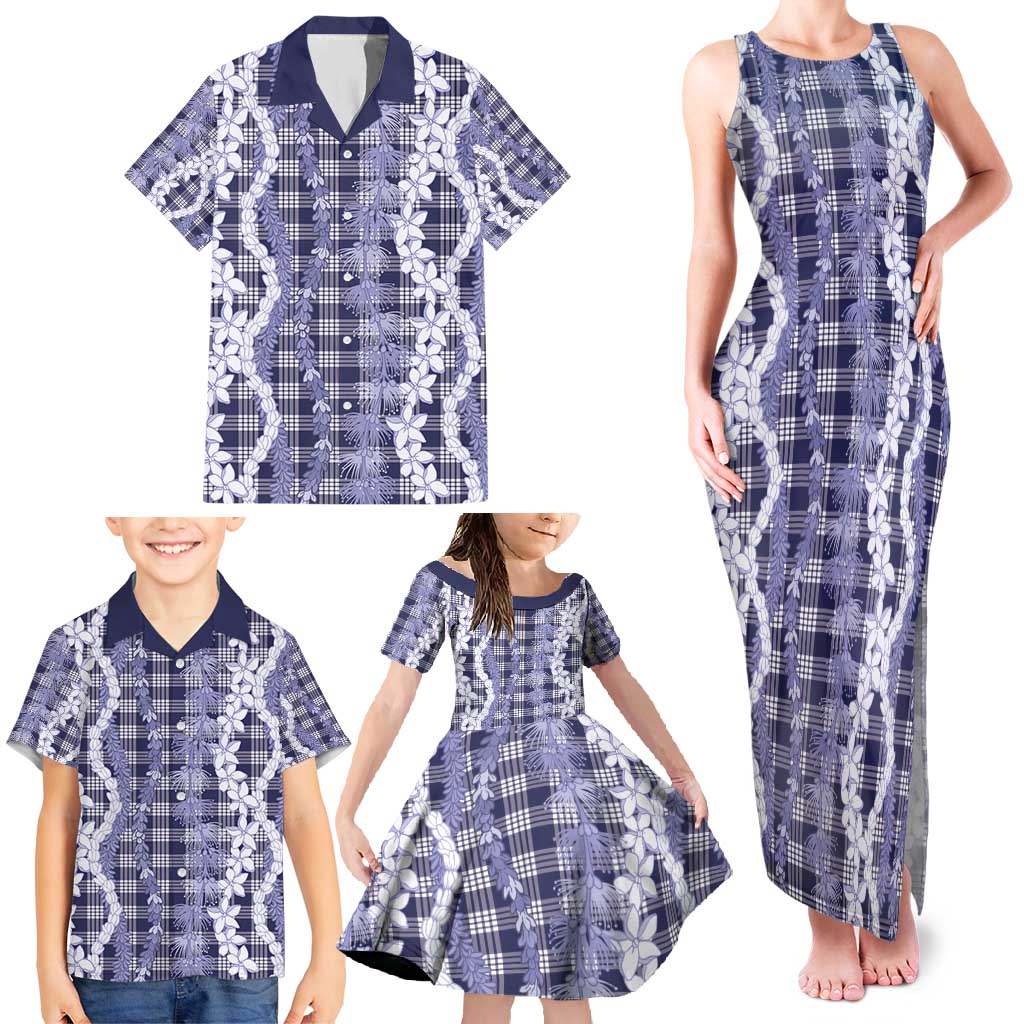 Hawaiian Ohia Lehua Lei Family Matching Tank Maxi Dress and Hawaiian Shirt Plaid Palaka Uliuli hohonu Pattern - Polynesian Pride