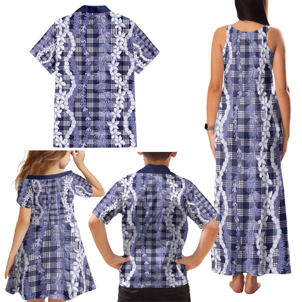 Hawaiian Ohia Lehua Lei Family Matching Tank Maxi Dress and Hawaiian Shirt Plaid Palaka Uliuli hohonu Pattern - Polynesian Pride