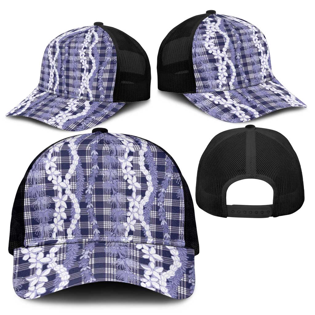 Hawaiian Ohia Lehua Lei Mesh Trucker Cap Plaid Palaka Uliuli hohonu Pattern - Polynesian Pride