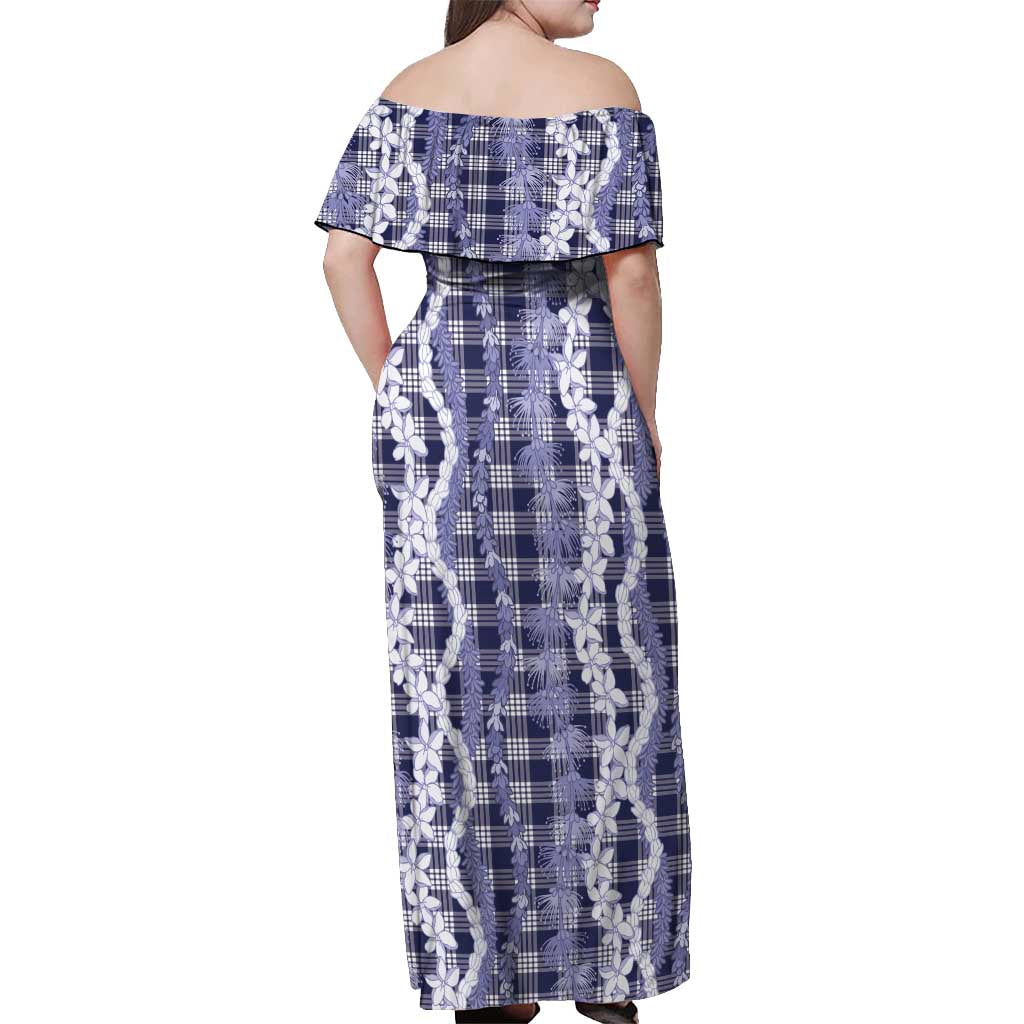 Hawaiian Ohia Lehua Lei Off Shoulder Maxi Dress Plaid Palaka Uliuli hohonu Pattern - Polynesian Pride