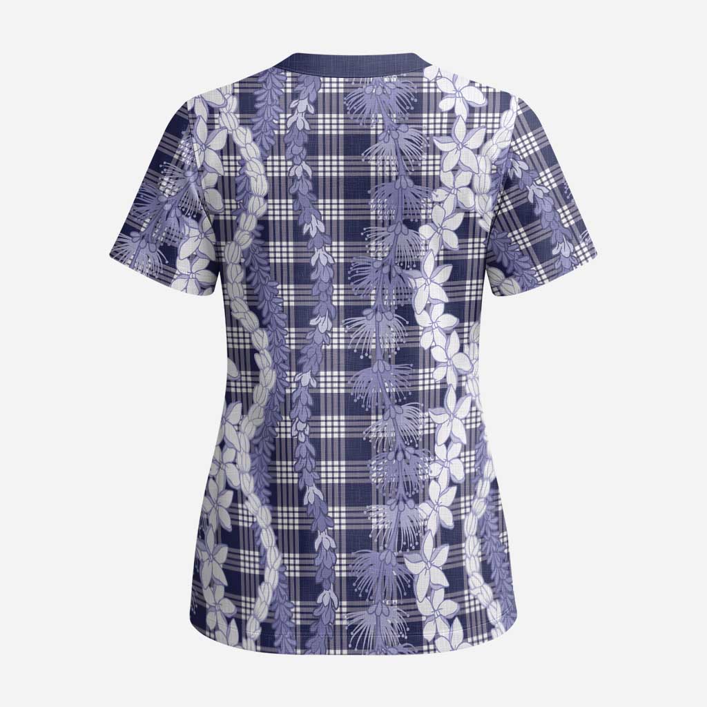 Hawaiian Ohia Lehua Lei Scrub Top Plaid Palaka Uliuli hohonu Pattern - Polynesian Pride
