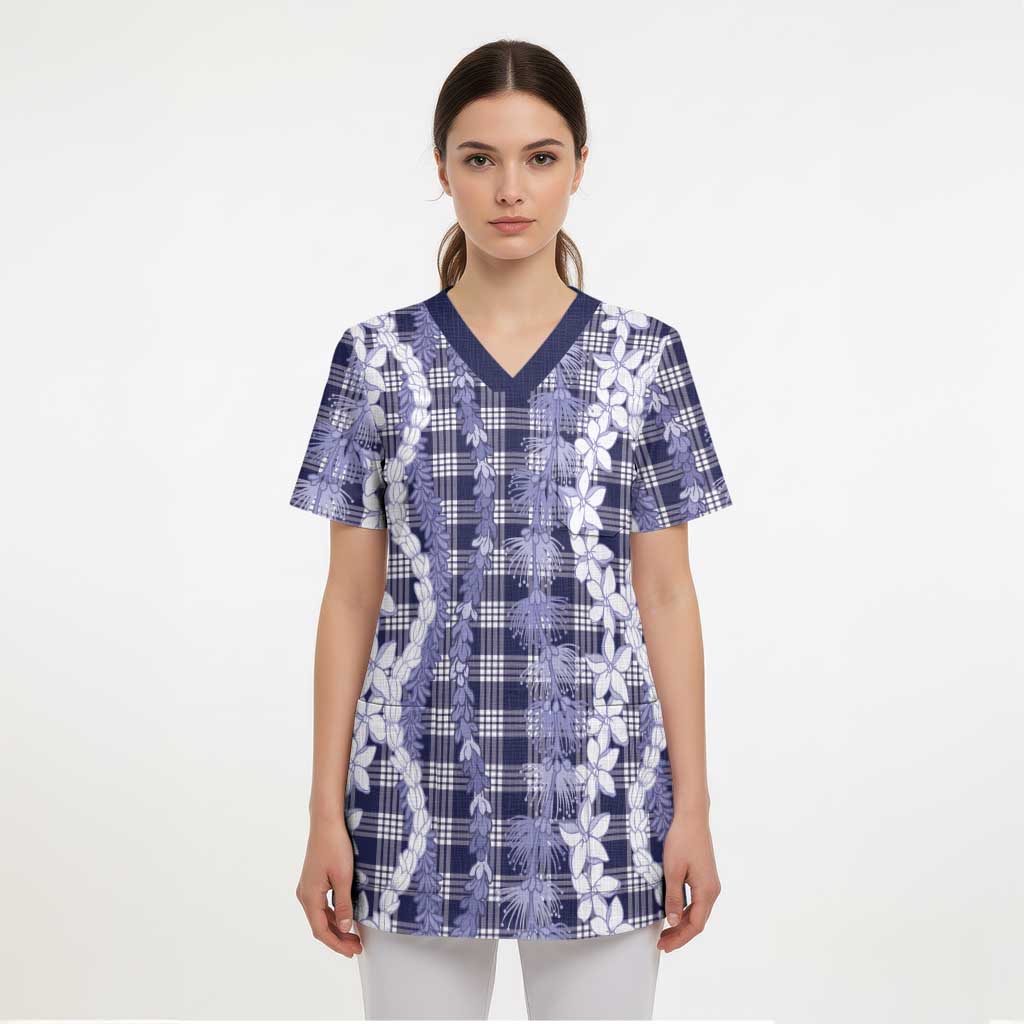 Hawaiian Ohia Lehua Lei Scrub Top Plaid Palaka Uliuli hohonu Pattern - Polynesian Pride
