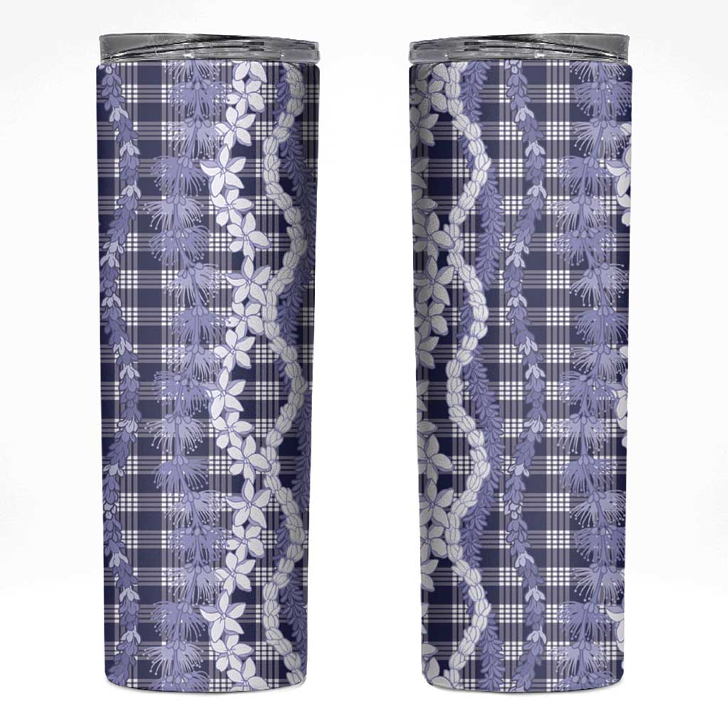 Hawaiian Ohia Lehua Lei Skinny Tumbler Plaid Palaka Uliuli hohonu Pattern - Polynesian Pride