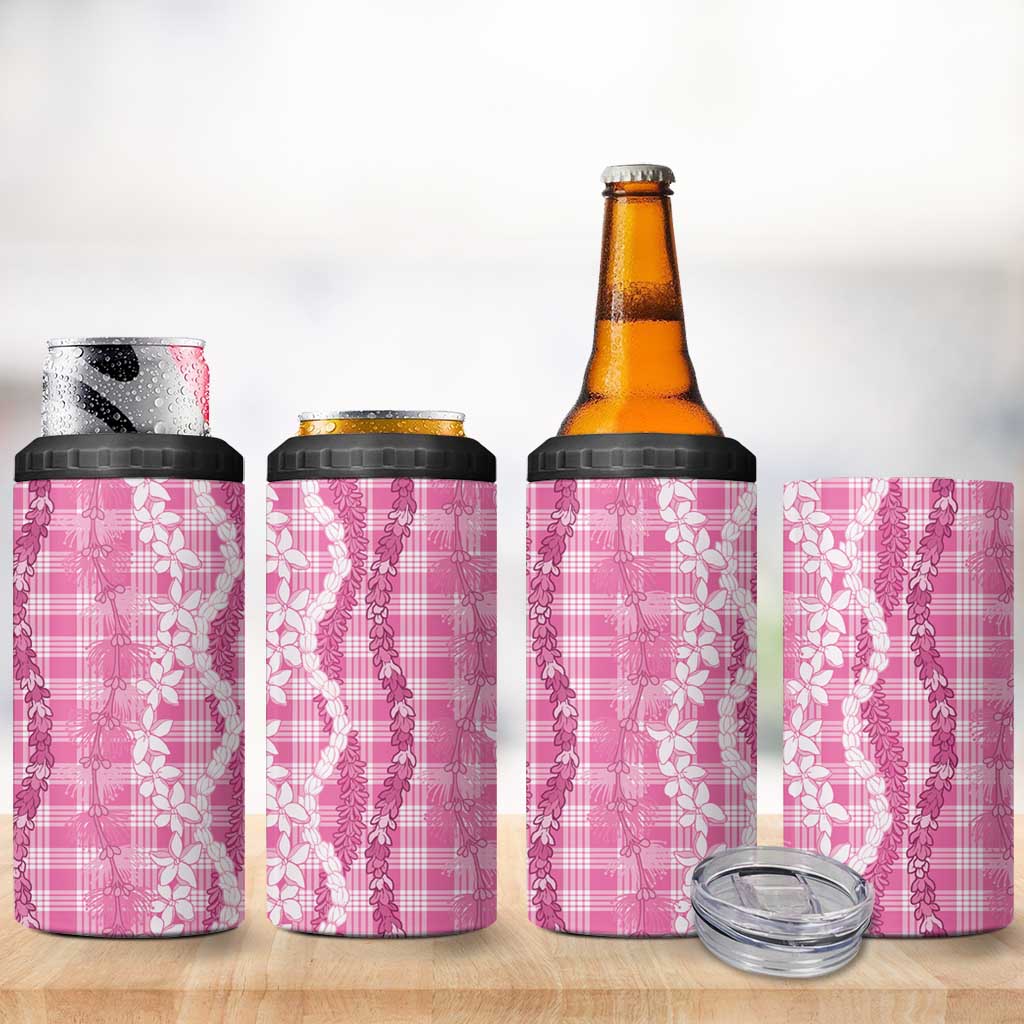 Hawaiian Ohia Lehua Lei 4 in 1 Can Cooler Tumbler Plaid Palaka Akala Pattern - Polynesian Pride