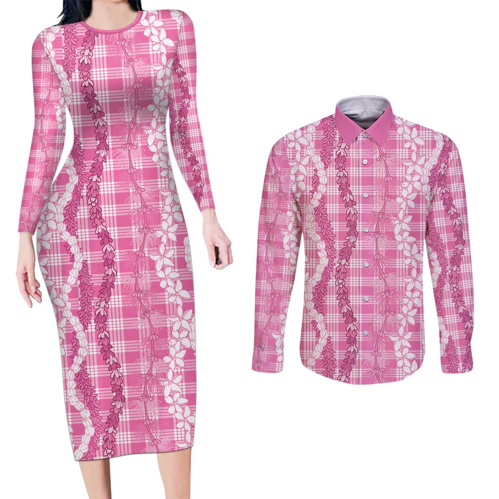Hawaiian Ohia Lehua Lei Couples Matching Long Sleeve Bodycon Dress and Long Sleeve Button Shirt Plaid Palaka Akala Pattern - Polynesian Pride