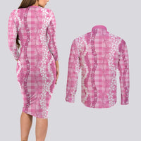 Hawaiian Ohia Lehua Lei Couples Matching Long Sleeve Bodycon Dress and Long Sleeve Button Shirt Plaid Palaka Akala Pattern - Polynesian Pride