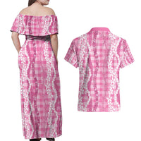 Hawaiian Ohia Lehua Lei Couples Matching Off Shoulder Maxi Dress and Hawaiian Shirt Plaid Palaka Akala Pattern - Polynesian Pride