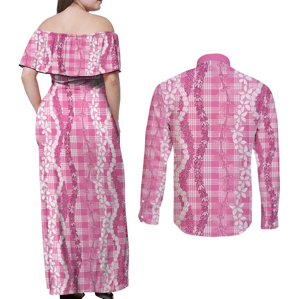 Hawaiian Ohia Lehua Lei Couples Matching Off Shoulder Maxi Dress and Long Sleeve Button Shirt Plaid Palaka Akala Pattern - Polynesian Pride