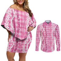 Hawaiian Ohia Lehua Lei Couples Matching Off Shoulder Short Dress and Long Sleeve Button Shirt Plaid Palaka Akala Pattern - Polynesian Pride
