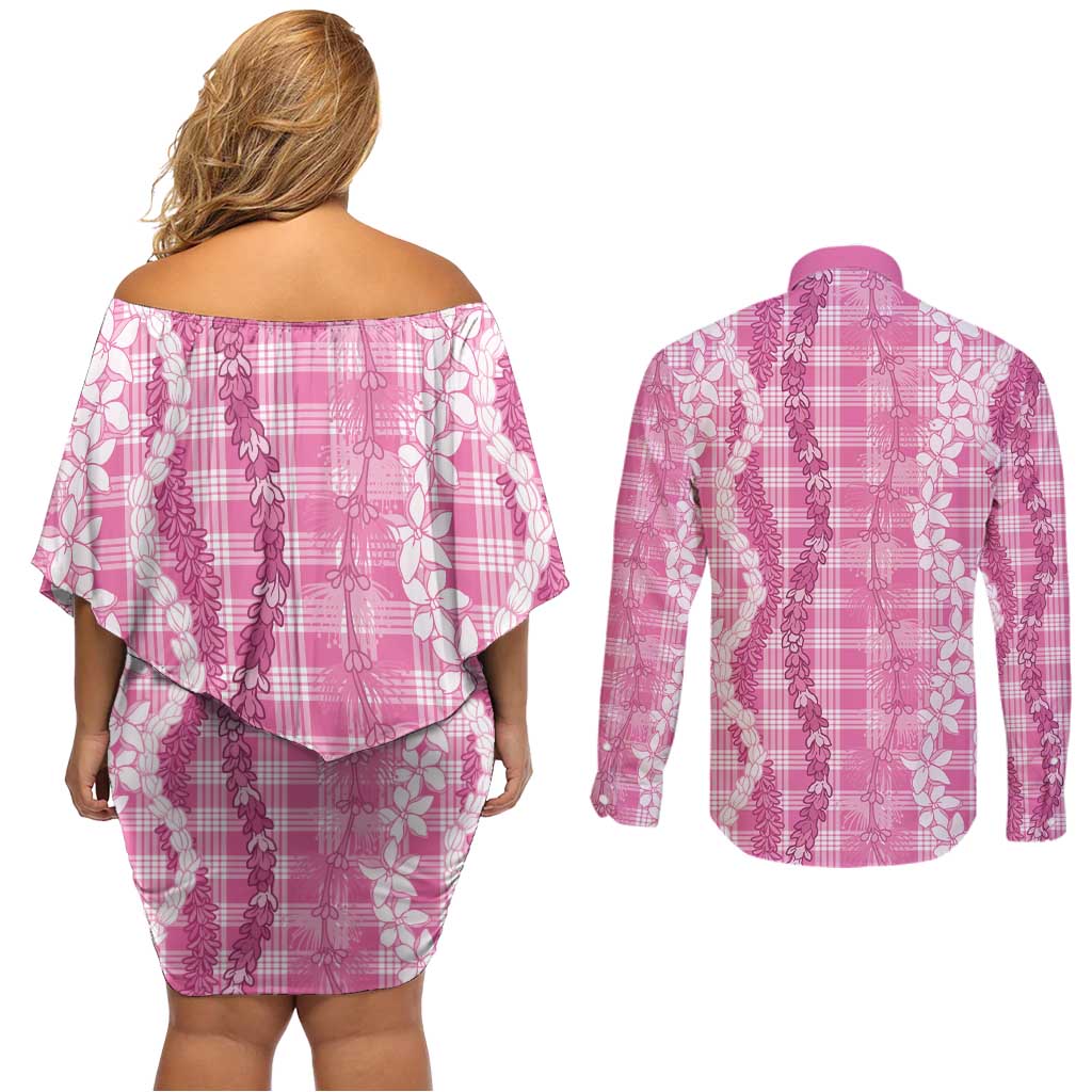 Hawaiian Ohia Lehua Lei Couples Matching Off Shoulder Short Dress and Long Sleeve Button Shirt Plaid Palaka Akala Pattern - Polynesian Pride