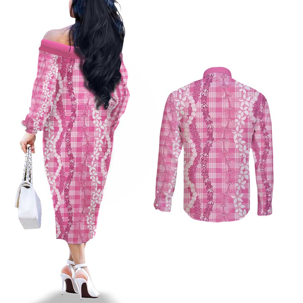 Hawaiian Ohia Lehua Lei Couples Matching Off The Shoulder Long Sleeve Dress and Long Sleeve Button Shirt Plaid Palaka Akala Pattern - Polynesian Pride