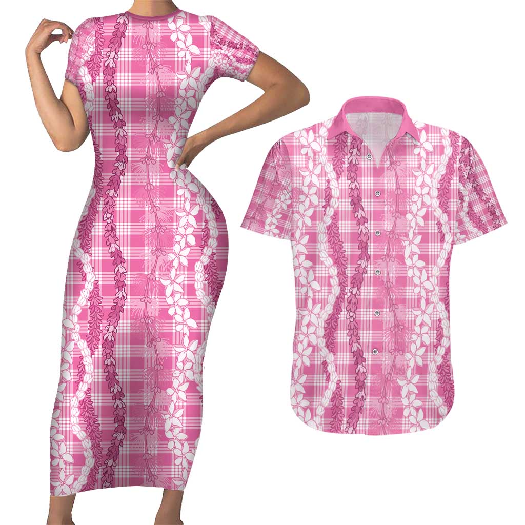 Hawaiian Ohia Lehua Lei Couples Matching Short Sleeve Bodycon Dress and Hawaiian Shirt Plaid Palaka Akala Pattern - Polynesian Pride