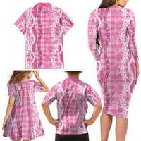 Hawaiian Ohia Lehua Lei Family Matching Long Sleeve Bodycon Dress and Hawaiian Shirt Plaid Palaka Akala Pattern - Polynesian Pride