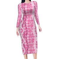 Hawaiian Ohia Lehua Lei Family Matching Long Sleeve Bodycon Dress and Hawaiian Shirt Plaid Palaka Akala Pattern - Polynesian Pride