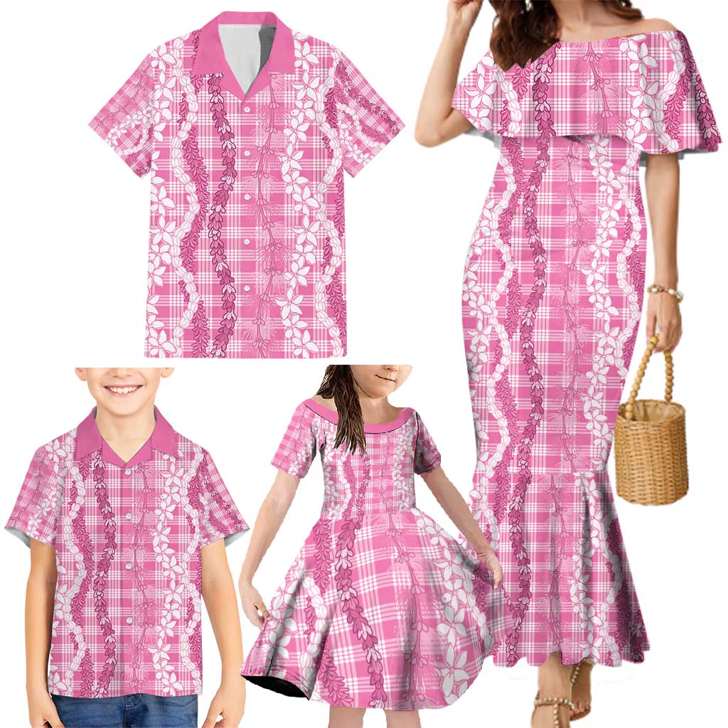 Hawaiian Ohia Lehua Lei Family Matching Mermaid Dress and Hawaiian Shirt Plaid Palaka Akala Pattern - Polynesian Pride