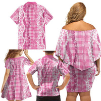 Hawaiian Ohia Lehua Lei Family Matching Off Shoulder Short Dress and Hawaiian Shirt Plaid Palaka Akala Pattern - Polynesian Pride