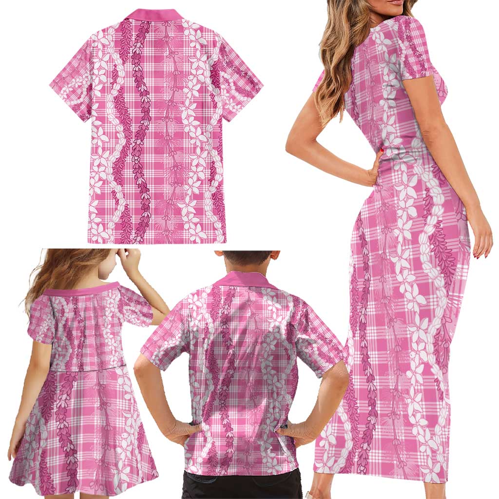 Hawaiian Ohia Lehua Lei Family Matching Short Sleeve Bodycon Dress and Hawaiian Shirt Plaid Palaka Akala Pattern - Polynesian Pride