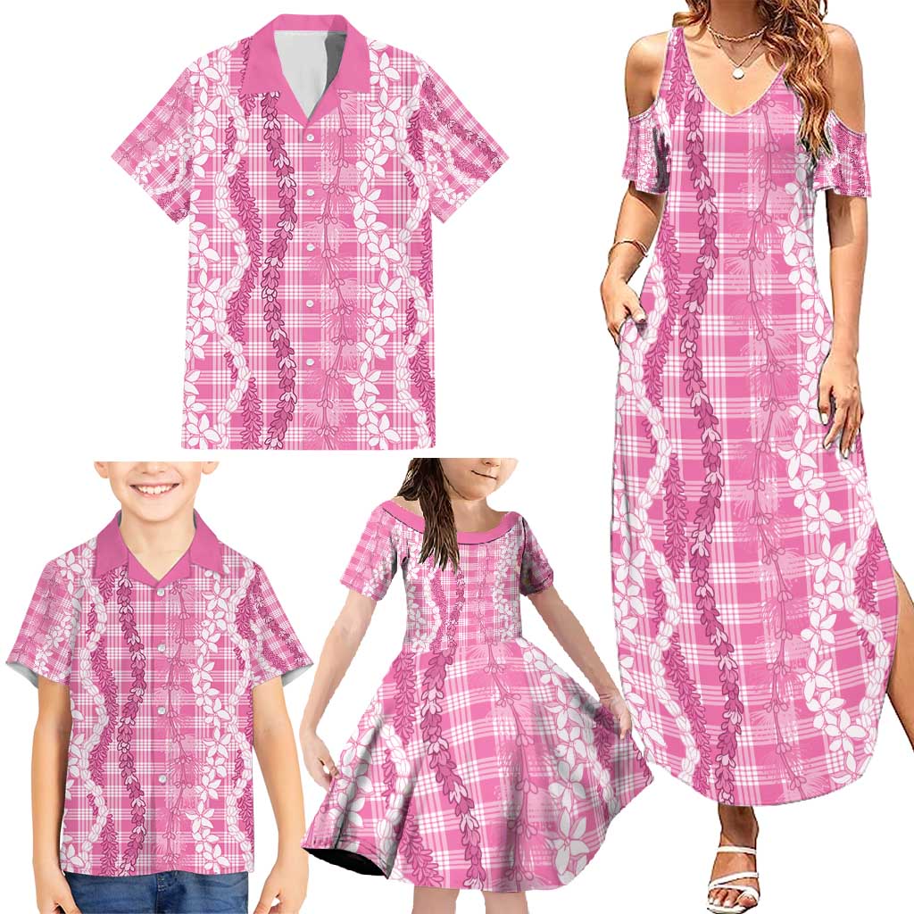 Hawaiian Ohia Lehua Lei Family Matching Summer Maxi Dress and Hawaiian Shirt Plaid Palaka Akala Pattern - Polynesian Pride