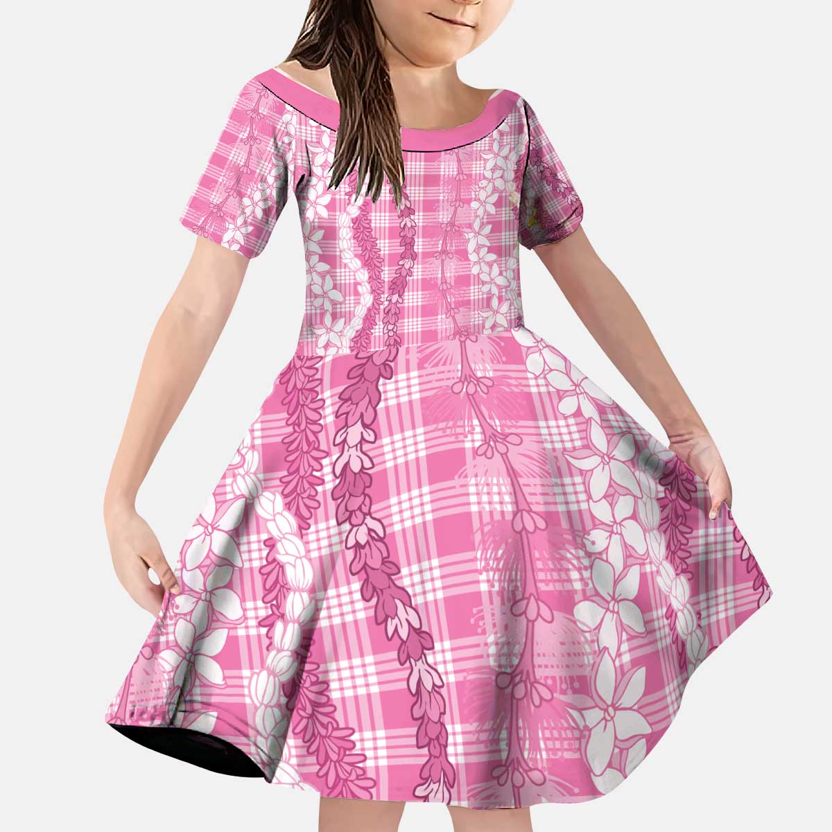 Hawaiian Ohia Lehua Lei Kid Short Sleeve Dress Plaid Palaka Akala Pattern - Polynesian Pride