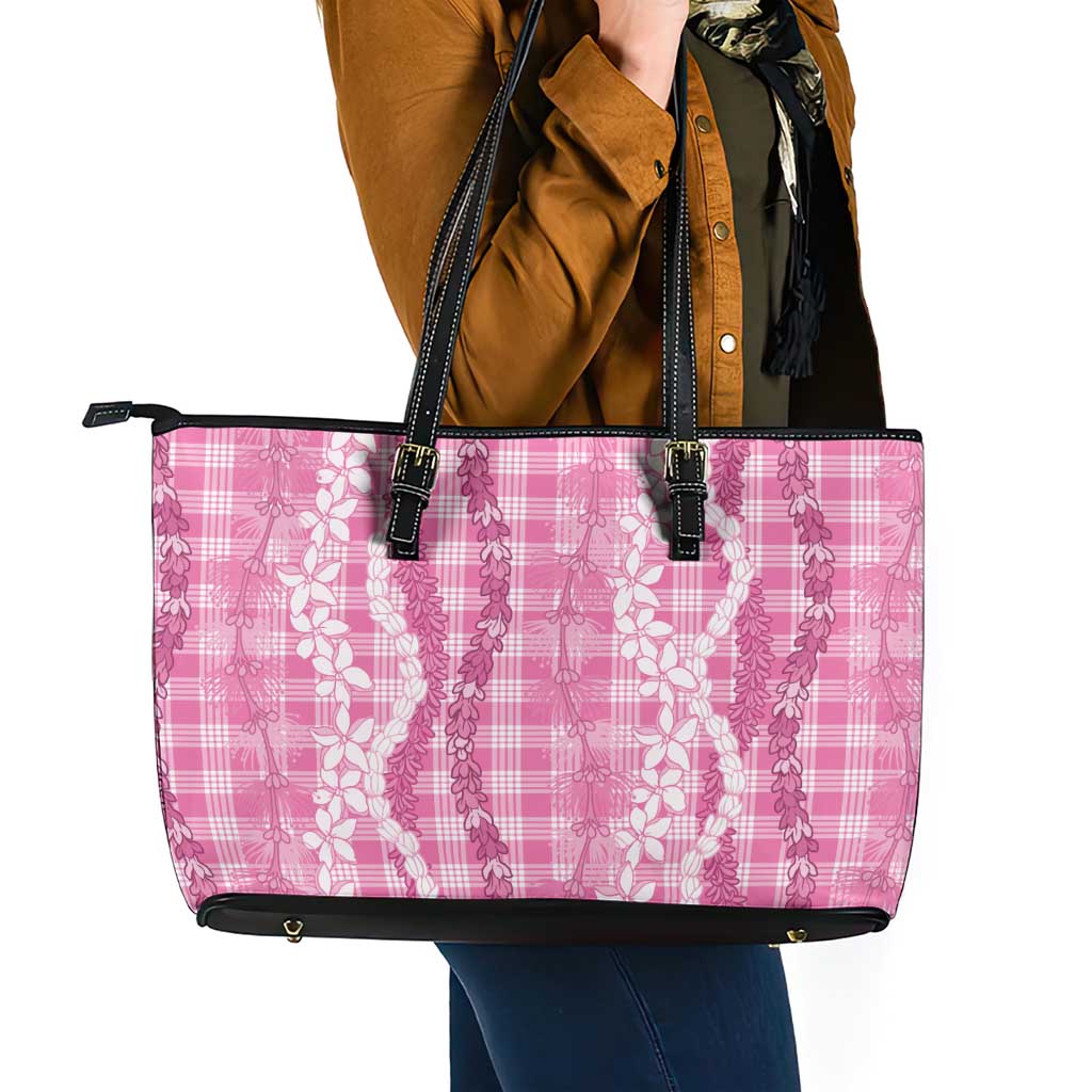 Hawaiian Ohia Lehua Lei Leather Tote Bag Plaid Palaka Akala Pattern - Polynesian Pride