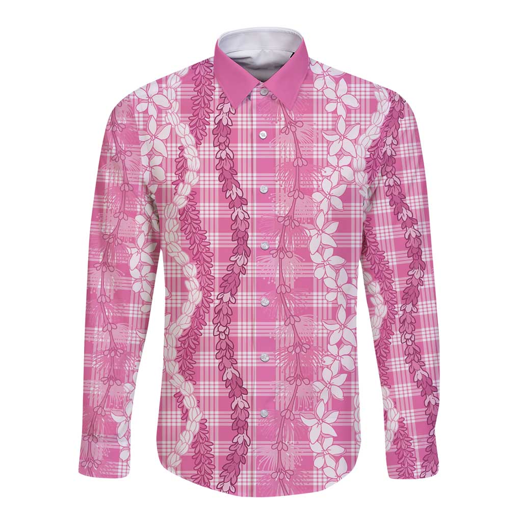 Hawaiian Ohia Lehua Lei Long Sleeve Button Shirt Plaid Palaka Akala Pattern - Polynesian Pride