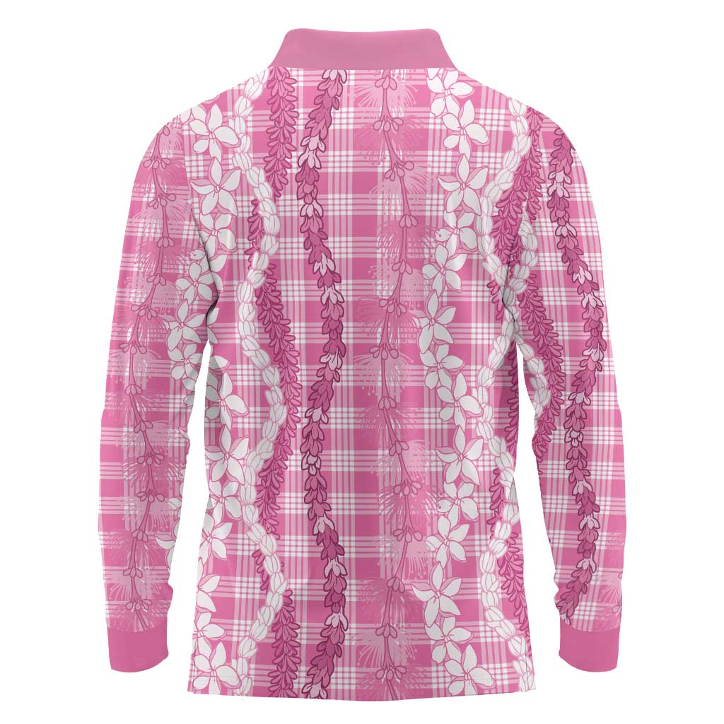 Hawaiian Ohia Lehua Lei Long Sleeve Polo Shirt Plaid Palaka Akala Pattern - Polynesian Pride