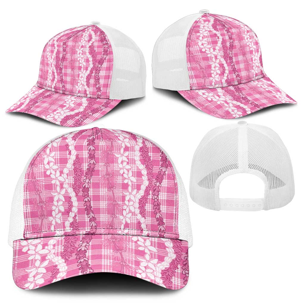 Hawaiian Ohia Lehua Lei Mesh Trucker Cap Plaid Palaka Akala Pattern - Polynesian Pride