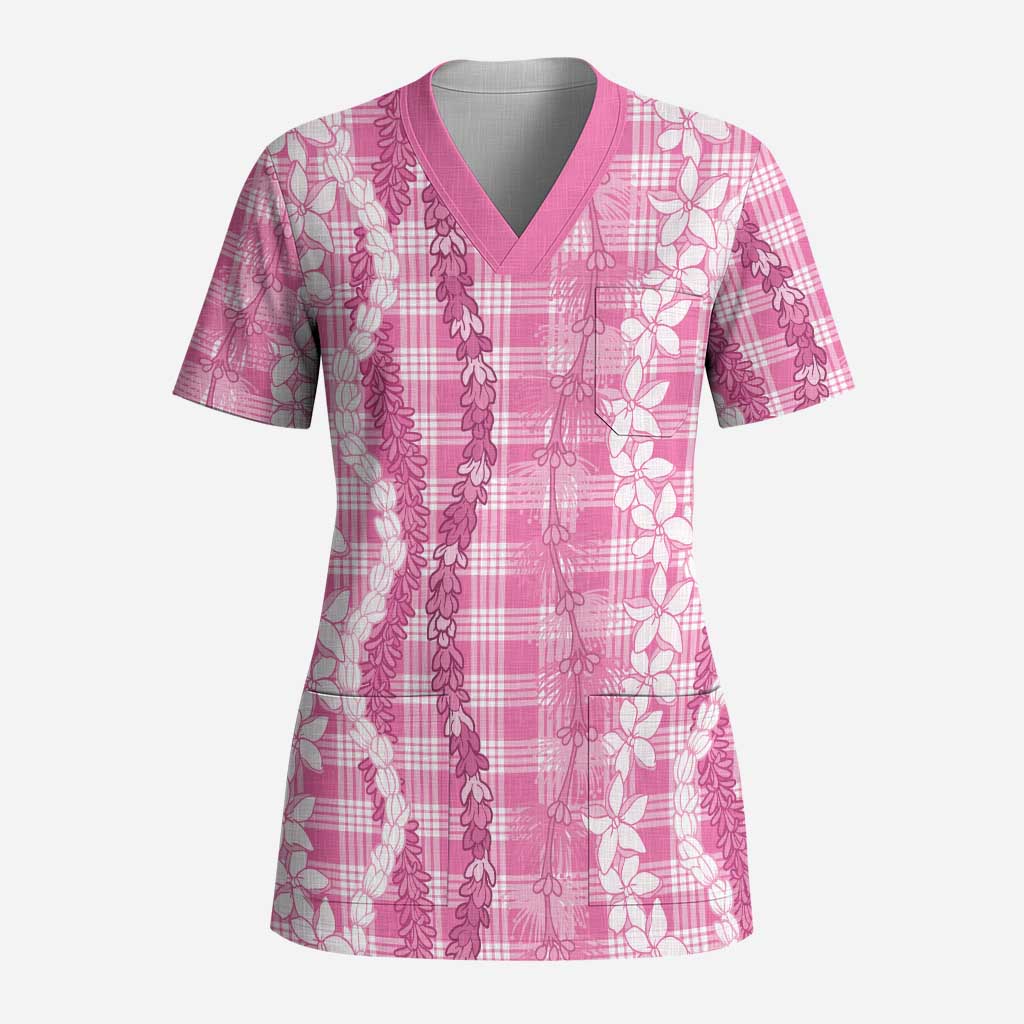 Hawaiian Ohia Lehua Lei Scrub Top Plaid Palaka Akala Pattern - Polynesian Pride
