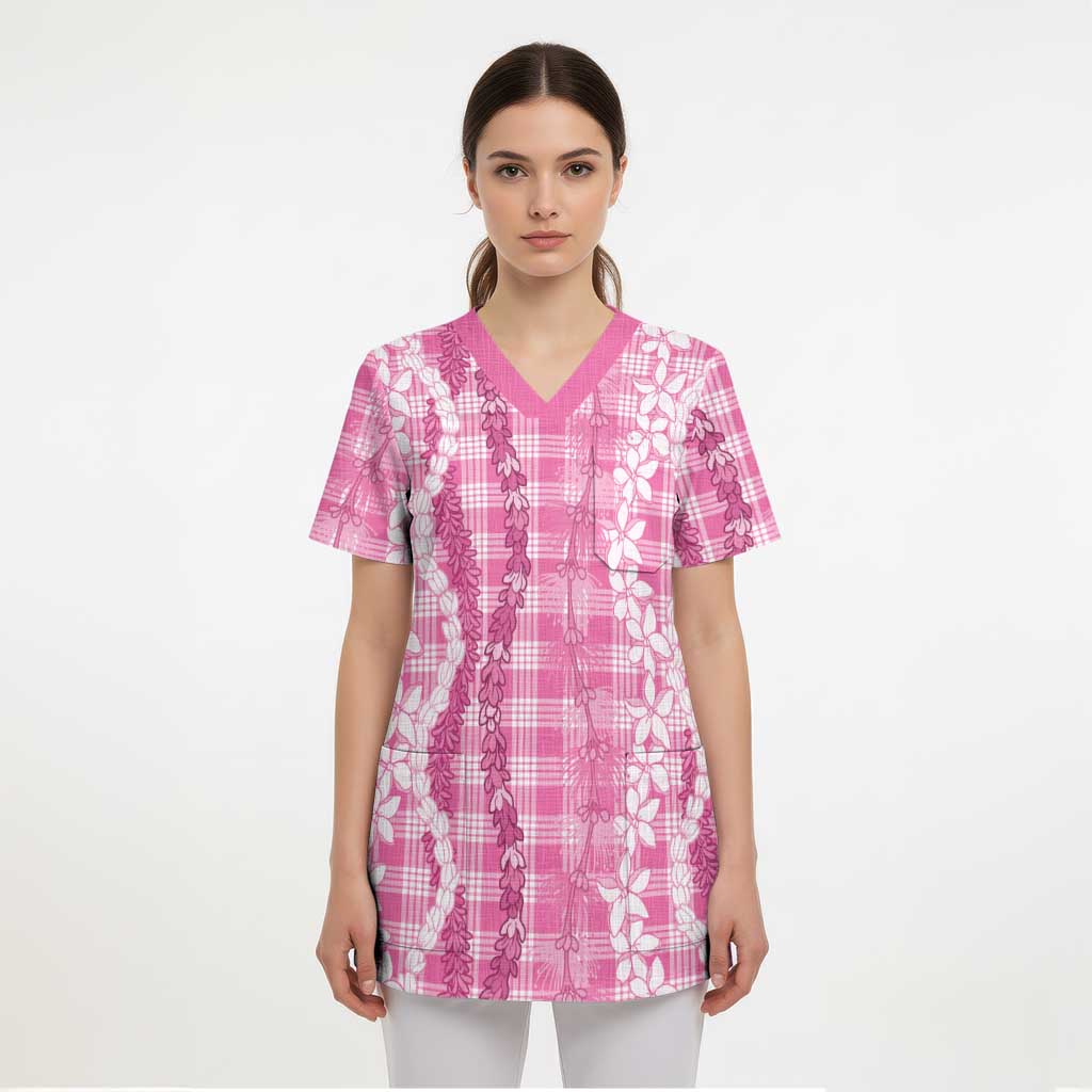 Hawaiian Ohia Lehua Lei Scrub Top Plaid Palaka Akala Pattern - Polynesian Pride