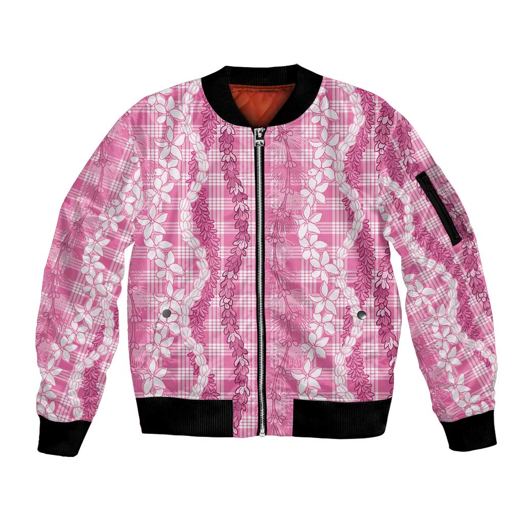 Hawaiian Ohia Lehua Lei Sleeve Zip Bomber Jacket Plaid Palaka Akala Pattern - Polynesian Pride