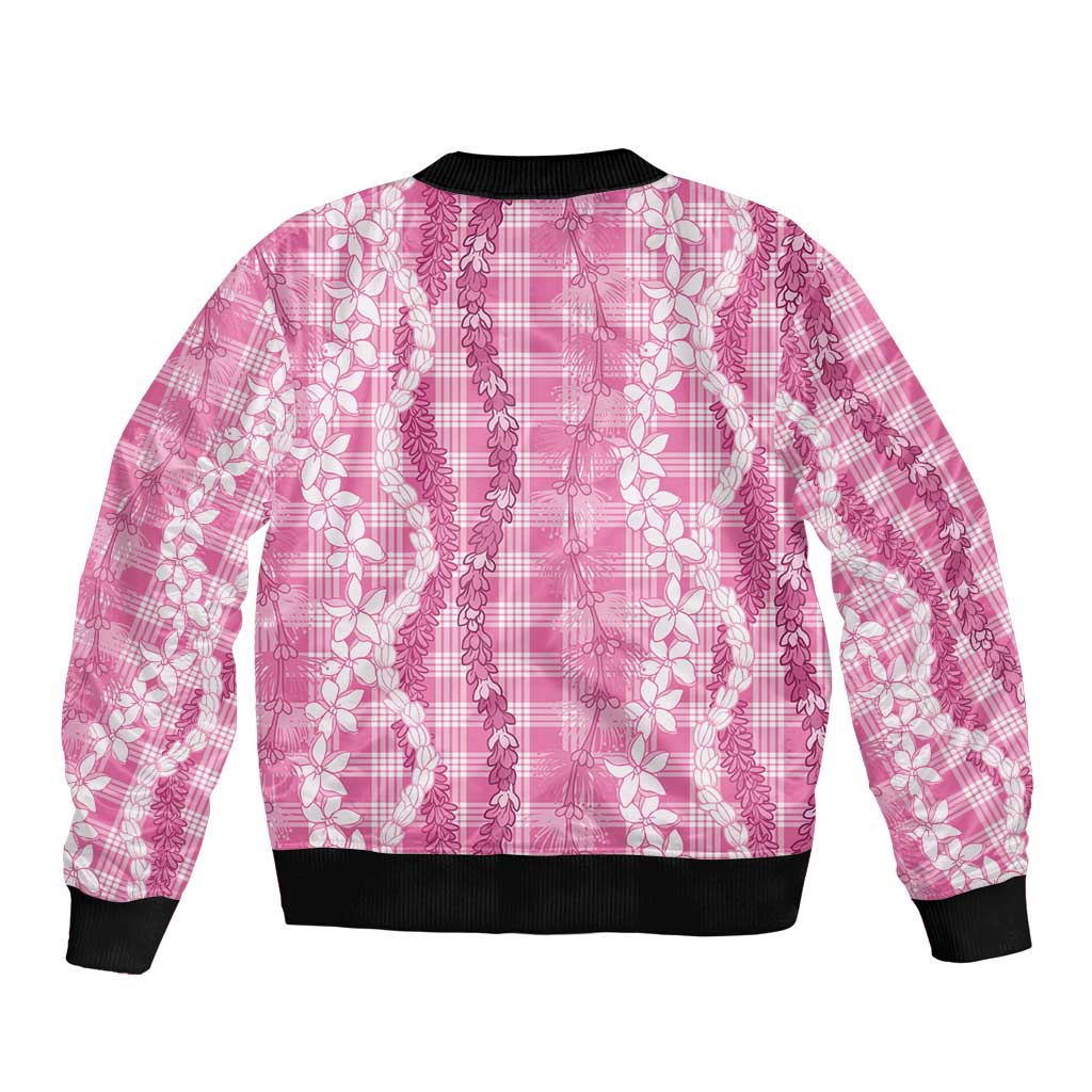 Hawaiian Ohia Lehua Lei Sleeve Zip Bomber Jacket Plaid Palaka Akala Pattern - Polynesian Pride