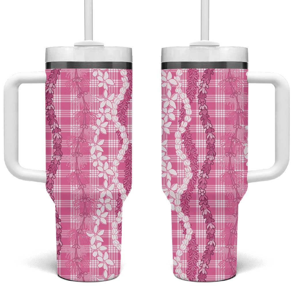 Hawaiian Ohia Lehua Lei Tumbler With Handle Plaid Palaka Akala Pattern - Polynesian Pride