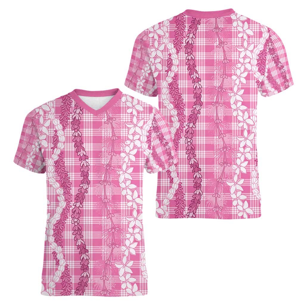 Hawaiian Ohia Lehua Lei Women V-Neck T-Shirt Plaid Palaka Akala Pattern - Polynesian Pride