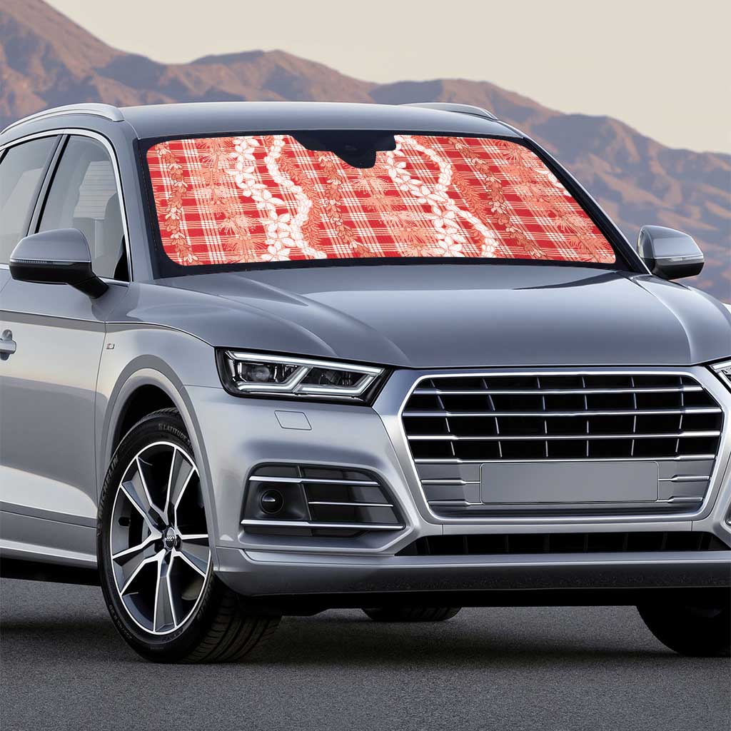 Hawaiian Ohia Lehua Lei Auto Sun Shade Plaid Palaka Ulaula Pattern - Polynesian Pride