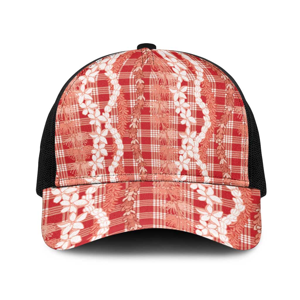 Hawaiian Ohia Lehua Lei Baseball Net Cap Plaid Palaka Ulaula Pattern - Polynesian Pride
