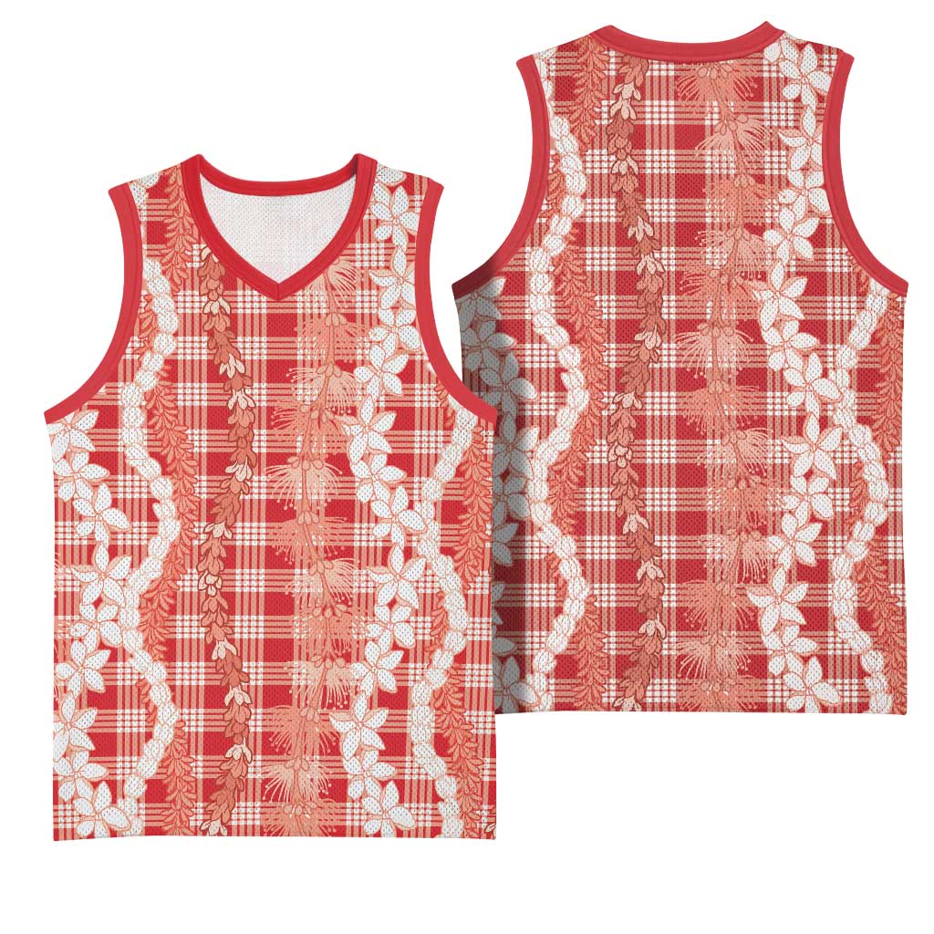 Hawaiian Ohia Lehua Lei Basketball Jersey Plaid Palaka Ulaula Pattern - Polynesian Pride