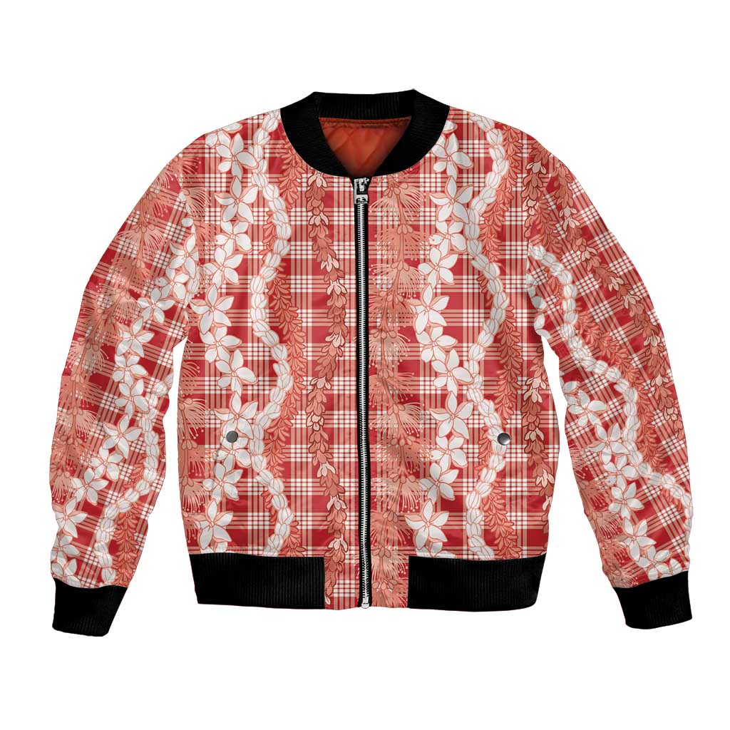 Hawaiian Ohia Lehua Lei Bomber Jacket Plaid Palaka Ulaula Pattern - Polynesian Pride