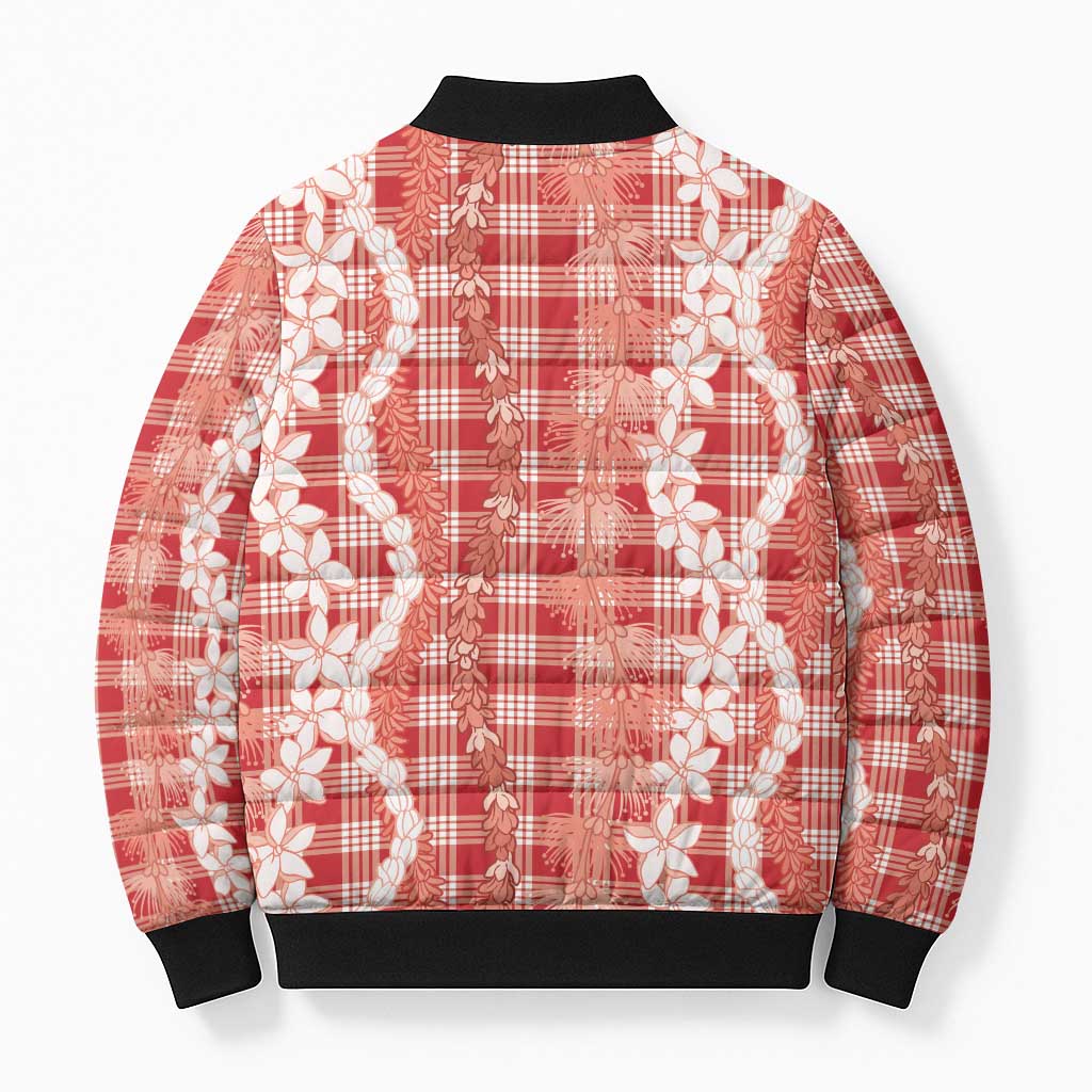 Hawaiian Ohia Lehua Lei Bomber Puffer Jacket Plaid Palaka Ulaula Pattern - Polynesian Pride