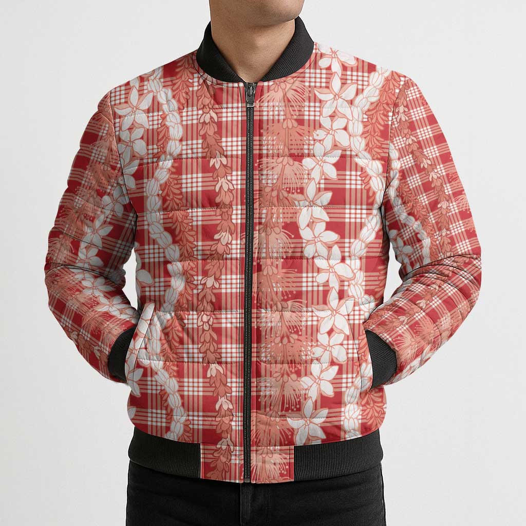 Hawaiian Ohia Lehua Lei Bomber Puffer Jacket Plaid Palaka Ulaula Pattern - Polynesian Pride