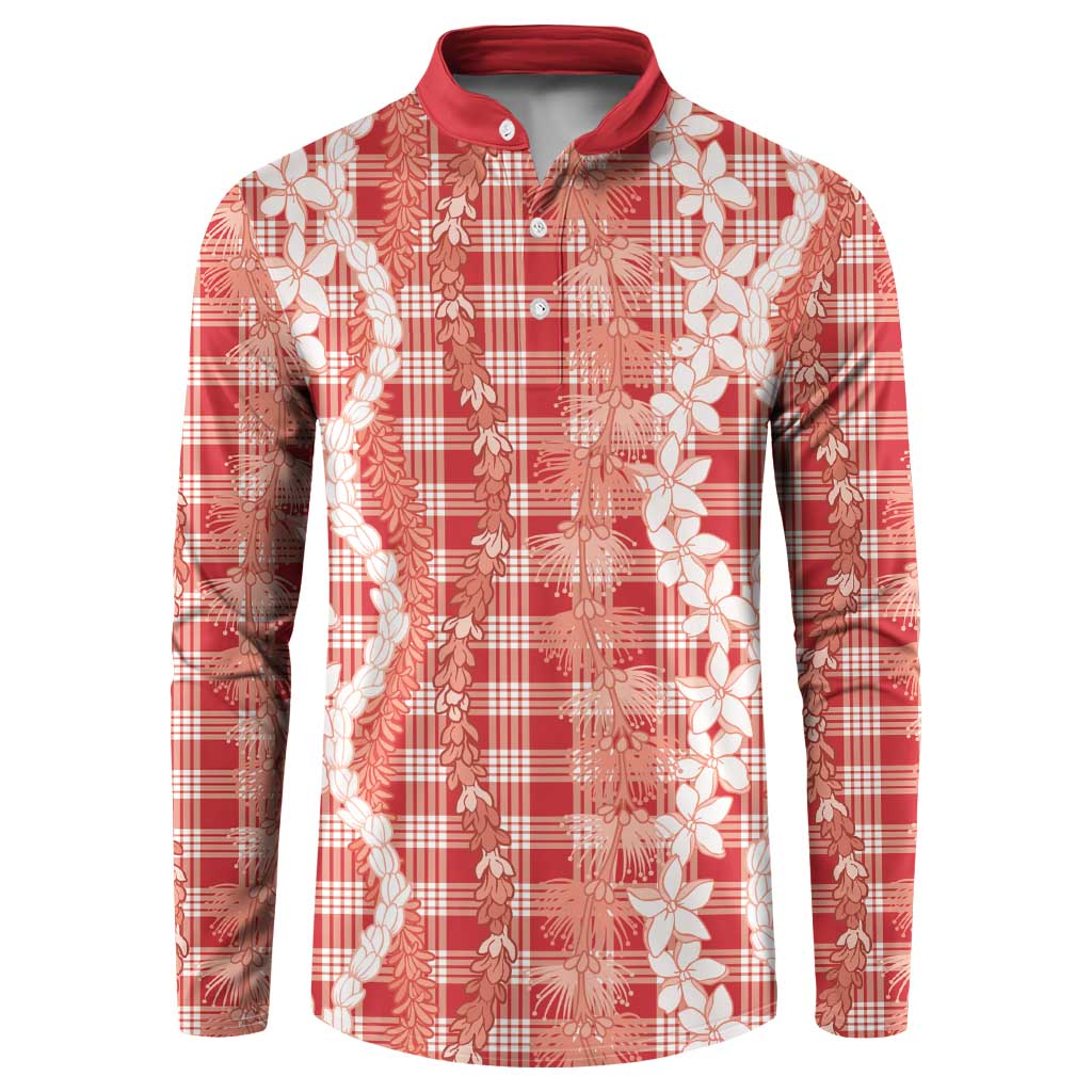 Hawaiian Ohia Lehua Lei Button Sweatshirt Plaid Palaka Ulaula Pattern - Polynesian Pride