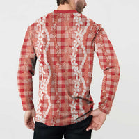 Hawaiian Ohia Lehua Lei Button Sweatshirt Plaid Palaka Ulaula Pattern - Polynesian Pride