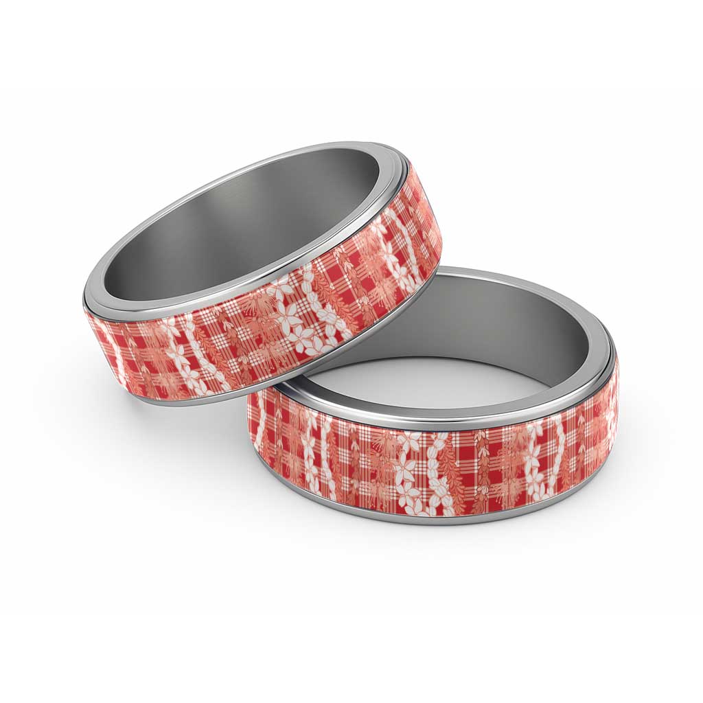 Hawaiian Ohia Lehua Lei Classic Ring Plaid Palaka Ulaula Pattern LT9 Sliver Red - Polynesian Pride