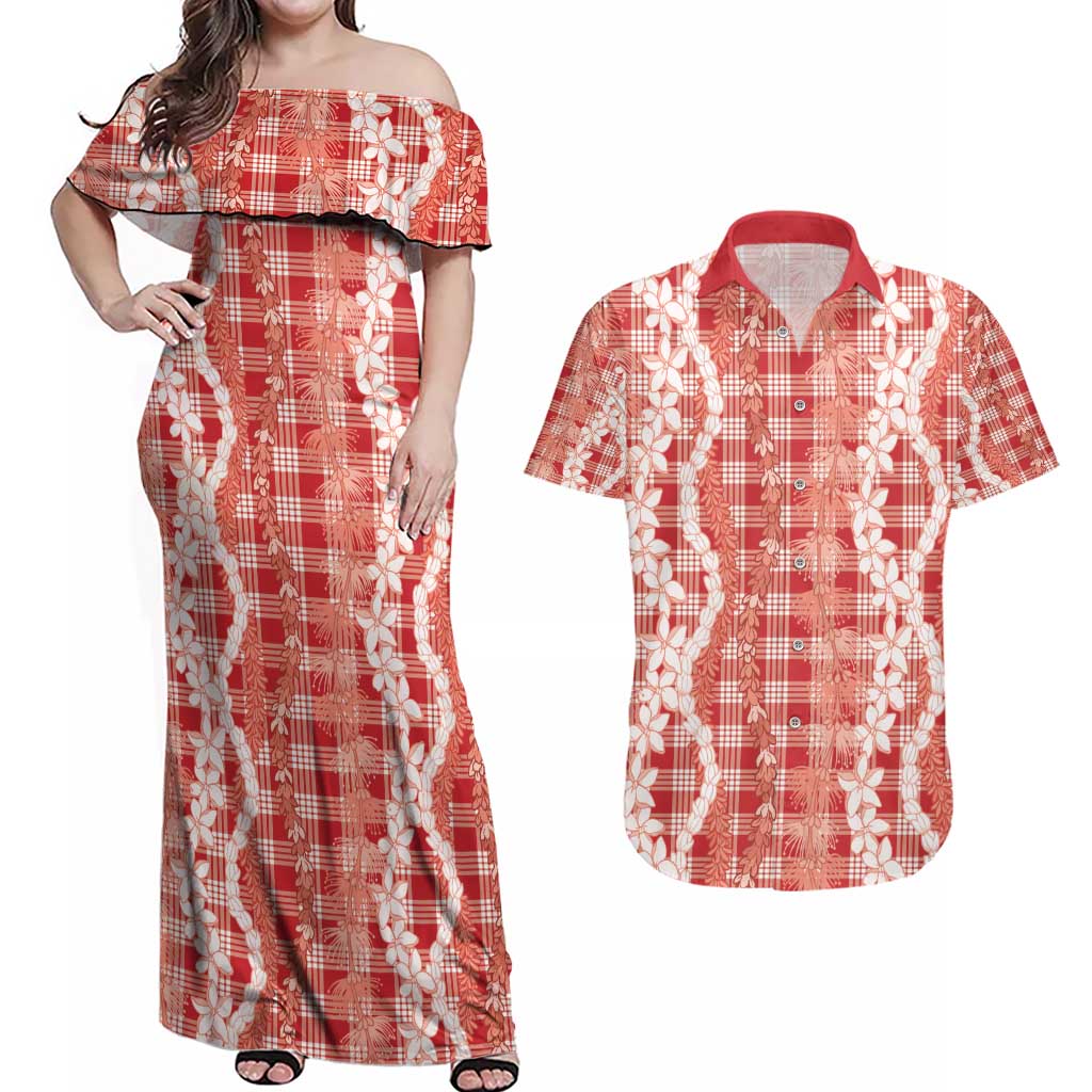 Hawaiian Ohia Lehua Lei Couples Matching Off Shoulder Maxi Dress and Hawaiian Shirt Plaid Palaka Ulaula Pattern - Polynesian Pride
